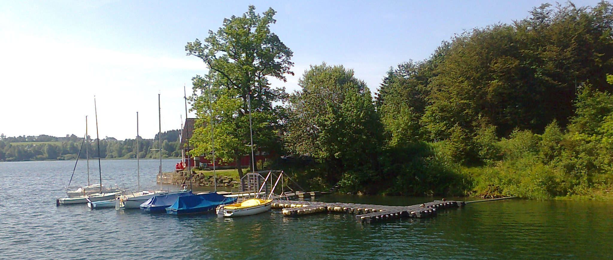 Steganlage des BrSC mit Segelbooten vor dem bewaldeten Ufer; links das DLRG-Haus