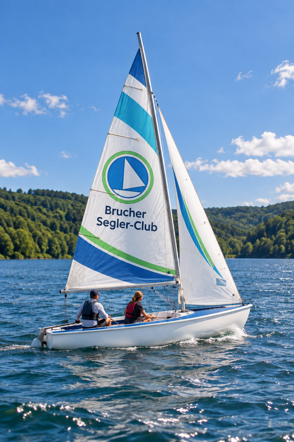 KI-Illustration einer Bavaria-Delphino-Jolle mit vollständig sichtbarem Rumpf und Segeln auf dem Bruchersee
