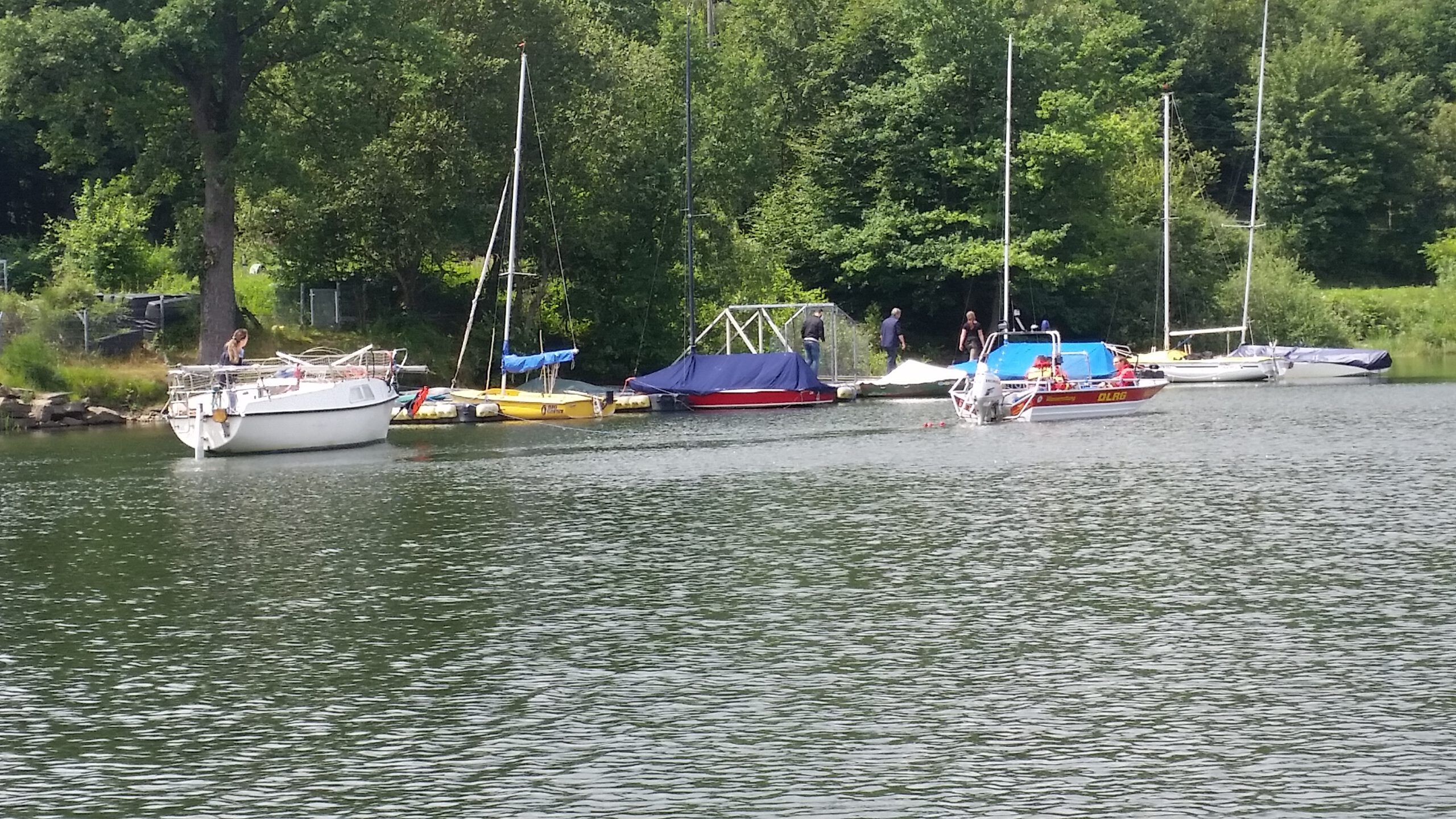 Segelboote vor dem bewaldeten Ufer der Brucher Talsperre